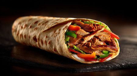 Tortilla wrap with grilled meat and vegetables on a dark backgroundの素材
