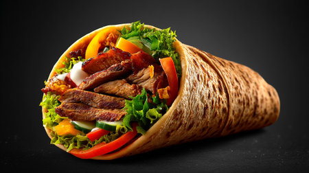 Doner kebab with grilled meat and vegetables on black backgroundの素材