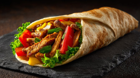 Doner kebab with meat and vegetables on a dark backgroundの素材