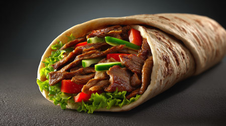 Doner kebab with meat and vegetables on a dark backgroundの素材