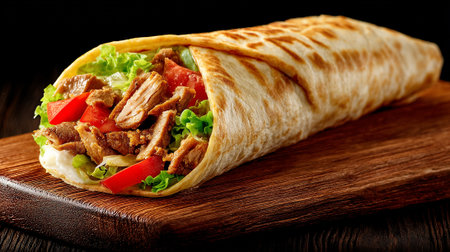 tortilla wrap with meat and vegetables on a wooden board.の素材