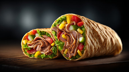 Tortilla wrap with meat, vegetables and cheese on dark backgroundの素材