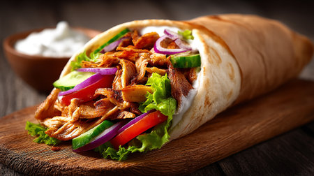 Doner kebab with meat and vegetables on wooden cutting boardの素材