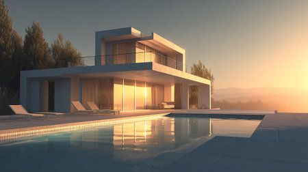 Modern Home Design with Swimming Pool at Dusk Radiating Peaceful Serenityの素材