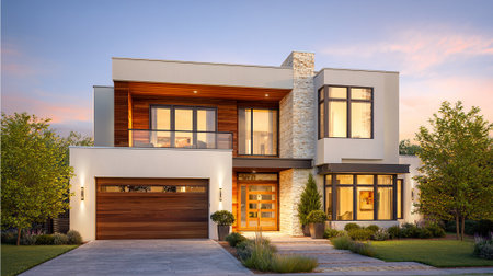 Contemporary Home Exterior Showcasing Wood, Stone, and Warm Interior Lighting at Duskの素材