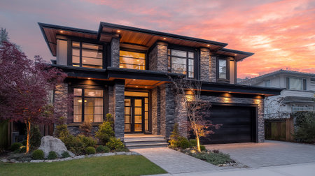 Luxury Home Exterior Showcasing Modern Architecture, Landscape Design, and Beautiful Sunsetの素材