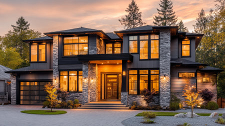 Elegant contemporary house showcases architectural details against a captivating sunset backdropの素材