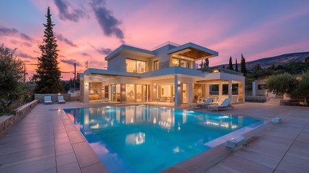 Elegant modern villa reflecting stunning twilight sky in swimming pool waterの素材