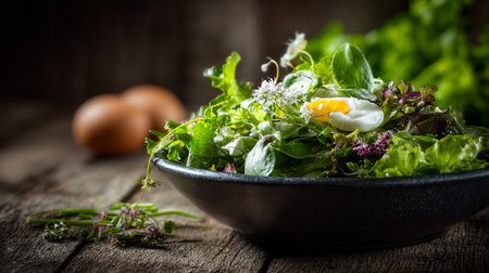 Fresh Salad with Poached Egg and Edible Flowers on Rustic Woodの素材