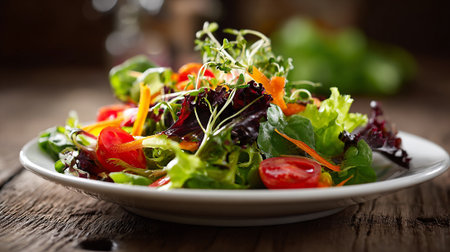 Fresh Salad with Carrots and Tomatoes on Rustic Wood Backgroundの素材