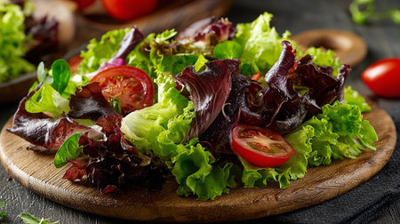 Fresh and Vibrant Salad with Tomatoes on a Rustic Wooden Platterの素材
