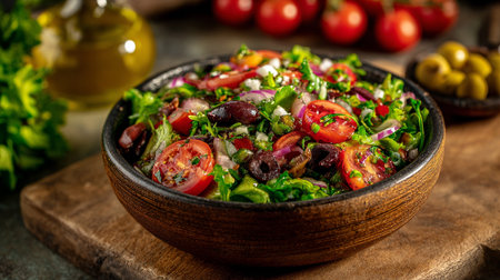 Vibrant Mediterranean Salad Featuring Tomatoes, Olives, and Herbs in a Rustic Bowlの素材
