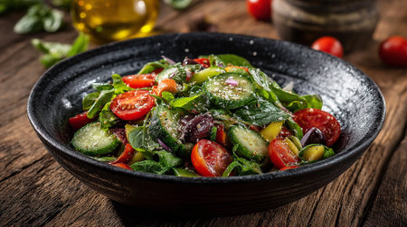 Fresh Salad with Tomatoes and Cucumbers on a Rustic Wooden Tableの素材