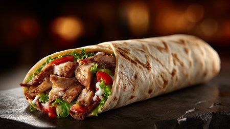 Tortilla with meat and vegetables on a dark background. Restaurantの素材