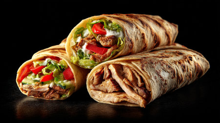 Tortilla wrap with meat and vegetables on a black background.の素材