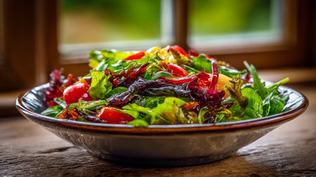 Fresh Mixed Green Salad with Cherry Tomatoes and Mango Served in Bowlの素材