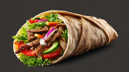 Tortilla wrap with grilled meat and vegetables on a black backgroundの素材
