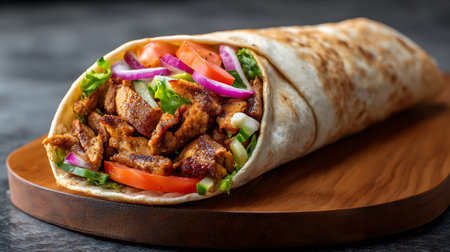 Tortilla wrap with pork and vegetables on a dark background.の素材