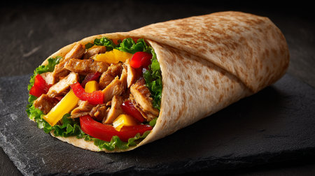 Tortilla wrap with chicken, bell pepper and lettuce on black backgroundの素材