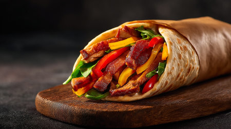 Tortilla wrap with grilled meat and vegetables on a dark backgroundの素材