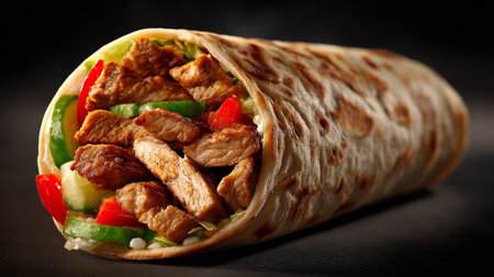 Doner kebab with meat and vegetables on a black backgroundの素材