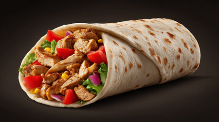 Tortilla wrap with grilled meat and vegetables on a black backgroundの素材