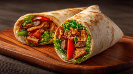 Delicious tortilla wrap with meat and vegetables on wooden cutting boardの素材