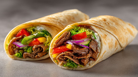 tortilla wrap with beef and vegetables on a dark background.の素材
