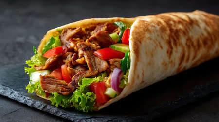 Tortilla wrap with grilled meat, lettuce, tomato and onionの素材