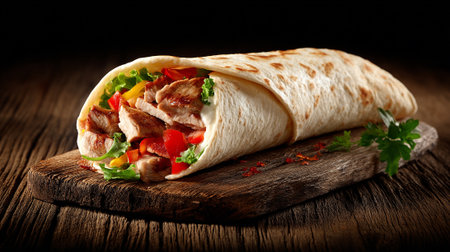 tortilla wrap with meat and vegetables on wooden table, closeupの素材
