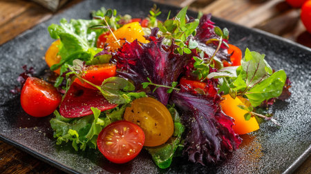 Vibrant Tomato Salad with Mixed Greens and Fresh Herbs on Dark Plateの素材