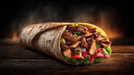 Tortilla wrap with meat and vegetables on a wooden table.の素材