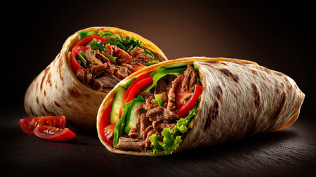 Tortilla wrap with beef and vegetables on a black background.の素材