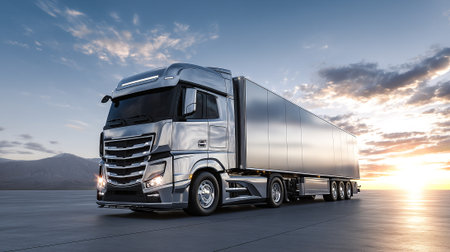 Modern Metallic Semi-Truck Standing on Concrete with Beautiful Sky Backdropの素材
