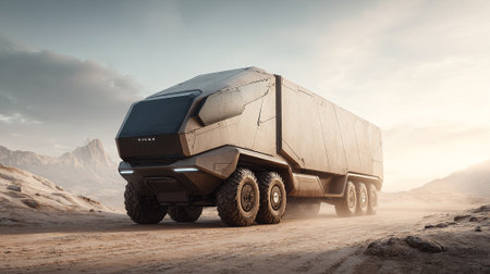 Futuristic Off-Road Truck Driving Through a Desert Landscape on a Sunny Dayの素材