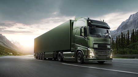 Olive Green Semi-Truck Transporting Cargo on Highway Against Mountain Landscape at Duskの素材