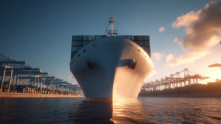 Massive Cargo Ship at Port Beckons, Awaiting Loading Under Warm Skiesの素材