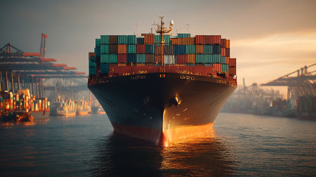 Giant Container Ship Transports Cargo Across the Sea During a Beautiful Sunsetの素材