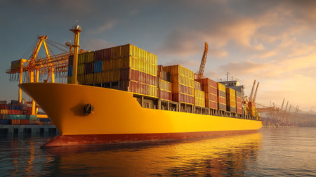 Massive cargo vessel loaded with containers ready for departure in the port.の素材