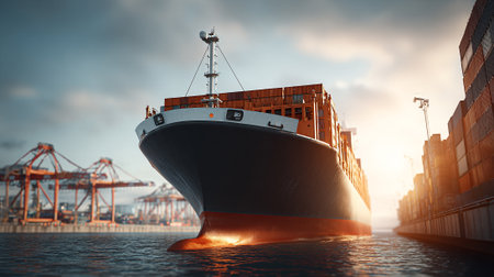 Large container ship sailing into port, ready for cargo offloadingの素材