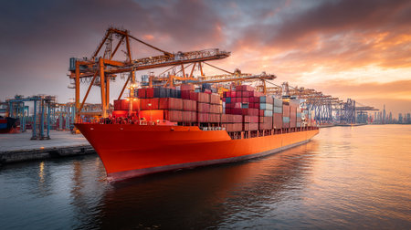 Giant Container Ship at Port Loading Containers During a Fiery Sunsetの素材