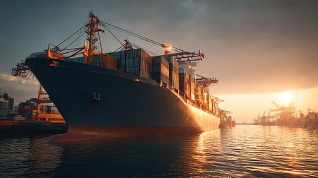 Container Ship Docks at Sunset for Global Trade and Logistics Operationsの素材