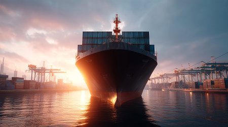 Cargo Ship Bow at Port with Loading Cranes Against a Twilight Skyの素材