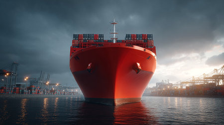 Giant Red Container Ship Docking at Port Under a Dramatic Skyの素材