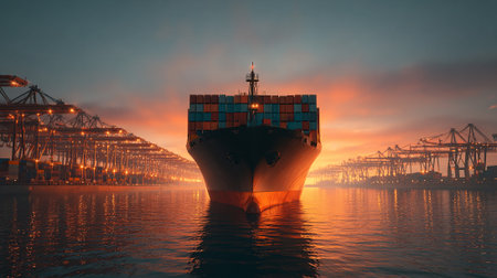 Container ship entering port during beautiful sunset: global trading and transport.の素材
