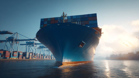 Immense Cargo Ship Navigating the Waters at Port Under a Sunny Skyの素材