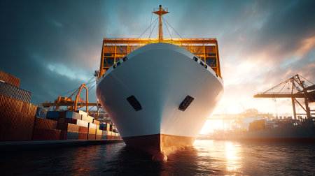 Majestic Cargo Ship Bow View at Port with Dramatic Sky and Sunsetの素材