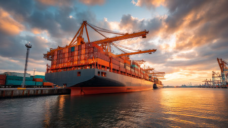 Cargo container ship at the port terminal during beautiful sunset timeの素材