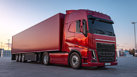 Majestic Red Semi-Truck Ready for Transport Against a Sunset Sky Backgroundの素材