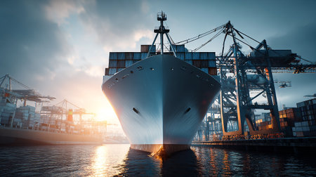 Enormous container ship anchored in a port undergoing heavy loading processの素材